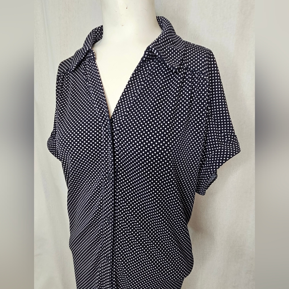 Adrianna Papell Navy Blue White Polka Dot Button Down Blouse Size L - Picture 2 of 6